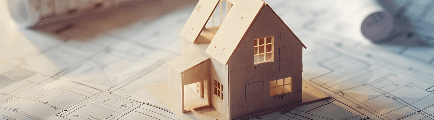 Modellhaus auf Bauplänen mit Architekturzeichnungen
