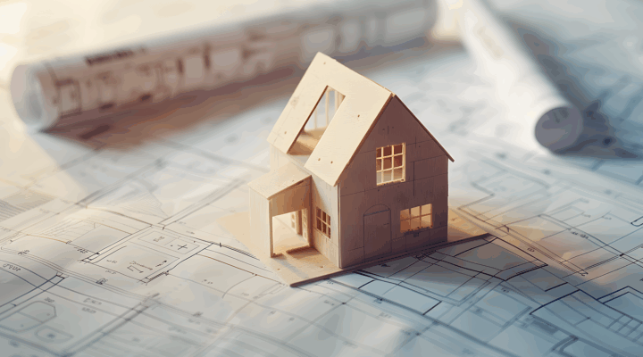 Modellhaus auf Bauplänen mit Architekturzeichnungen