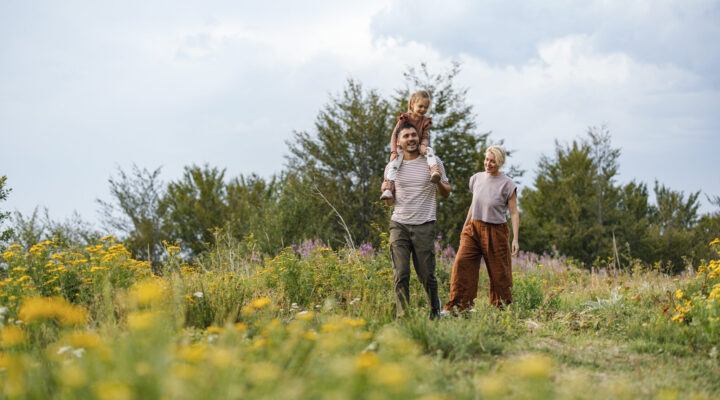 Glückliche Familie spaziert an einem sonnigen Tag durch eine lebendige Wiese.