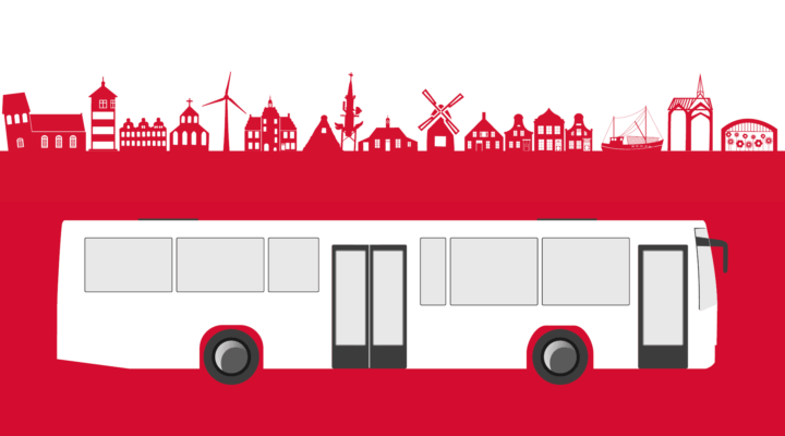 Grafik von einem Bus und die Skyline vom Landkreis Aurich mit prägnanten Gebäuden