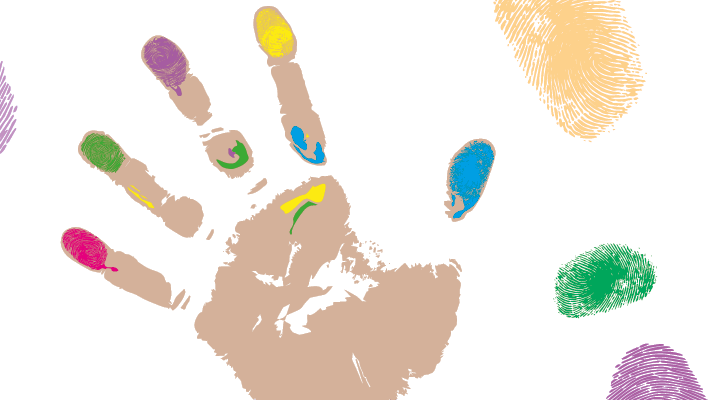 Hand- und Fingerabdrücke in bunten Farben.