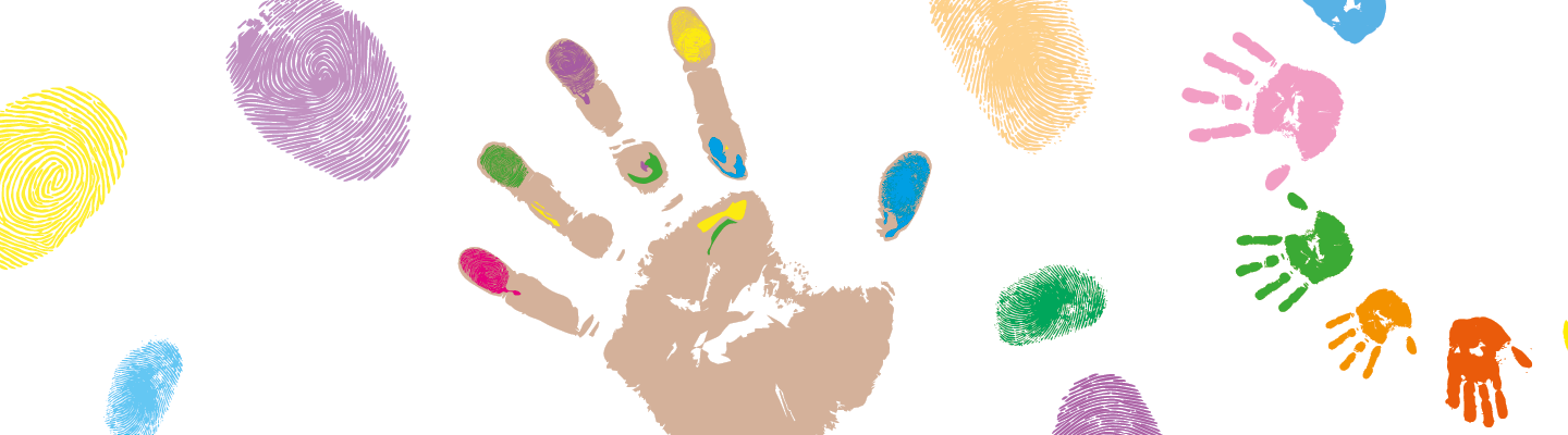 Hand- und Fingerabdrücke in bunten Farben.