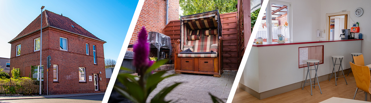 Collage von drei Fotos. Bild 1: Foto vom Wiemerschen Haus, Bild 2: Terasse mit Strandkorb, Bild 3: Theke mit Hockern