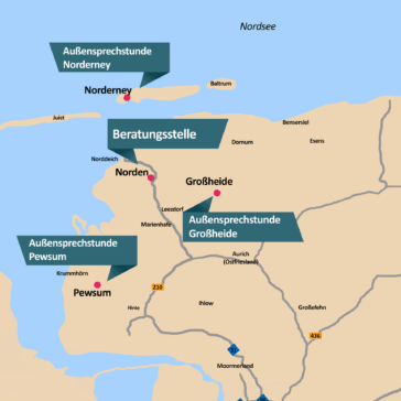 Landkreis Aurich Karte mit Beschriftung der Außenstellen