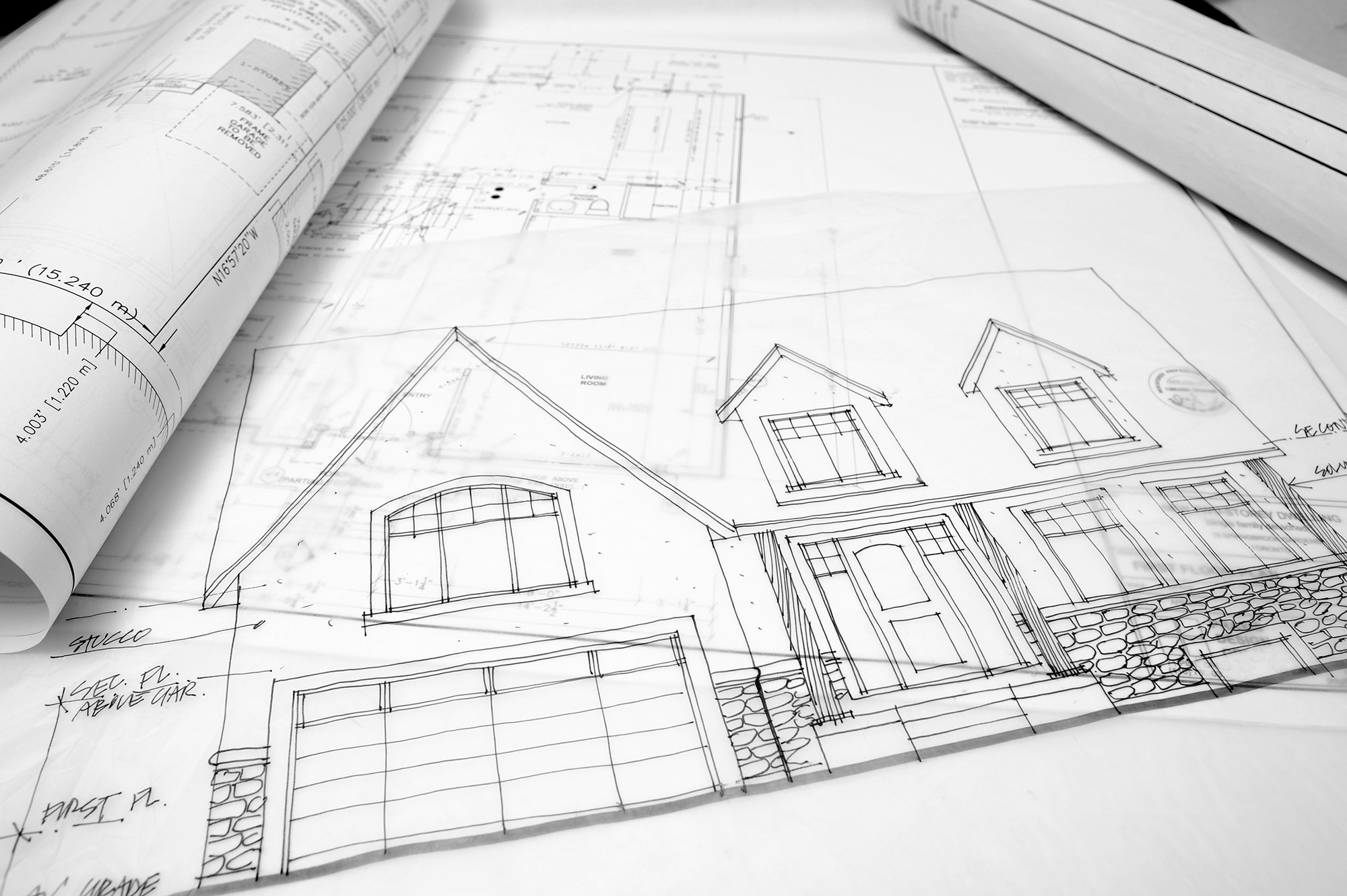 Baupläne und Fassadenskizze.