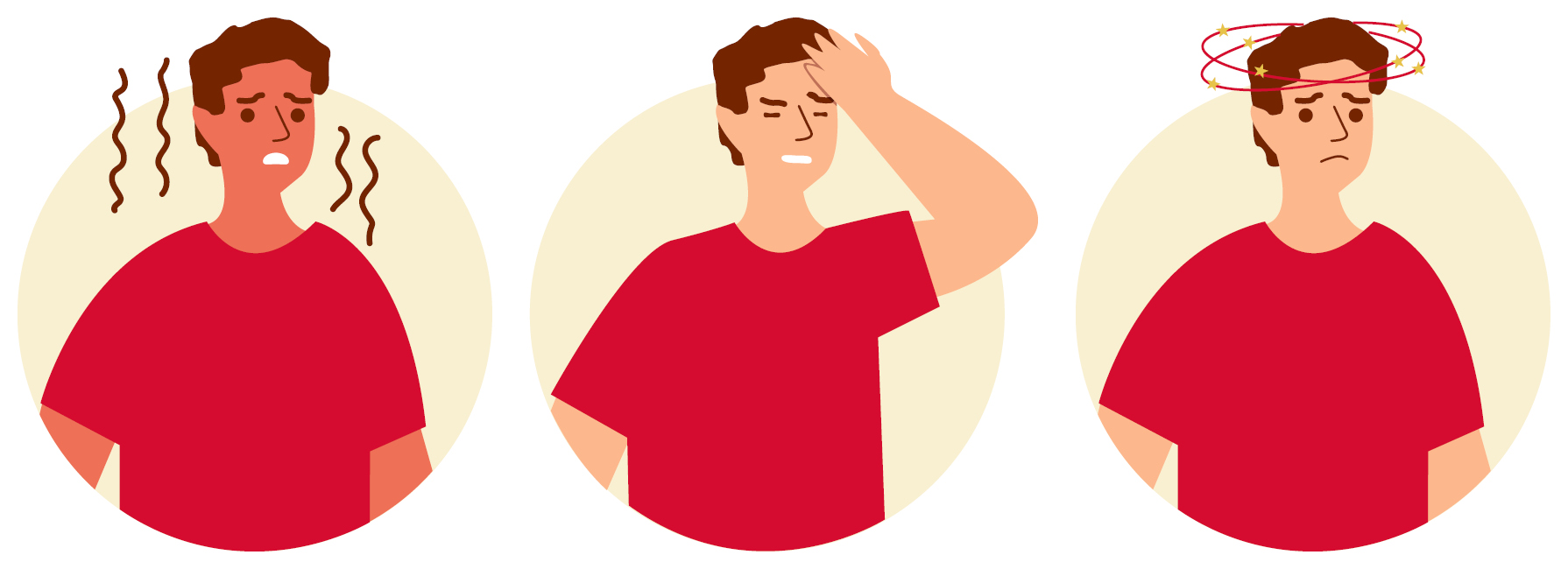 Drei Illustrationen einer Person im roten T-Shirt zeigen typische Beschwerden bei Hitze: links erschöpfter Gesichtsausdruck mit Hitzewellen, in der Mitte hält sich die Person mit geschlossenen Augen an den Kopf, rechts sind kreisende Sterne über dem Kopf dargestellt als Symbol für Schwindel oder Benommenheit.