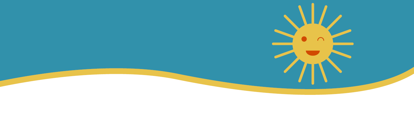 „Grafische Illustration mit blauem Hintergrund und einer lächelnden, gelben Sonne mit Strahlen. Unten verläuft eine geschwungene gelbe Linie über einer weißen Fläche.