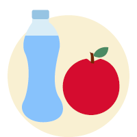 Illustration einer Wasserflasche und eines roten Apfels vor hellem Hintergrund – Symbol für gesunde Ernährung und ausreichendes Trinken.