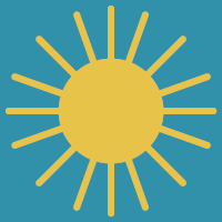 Grafische Darstellung einer gelben Sonne mit langen Strahlen auf blauem Hintergrund.