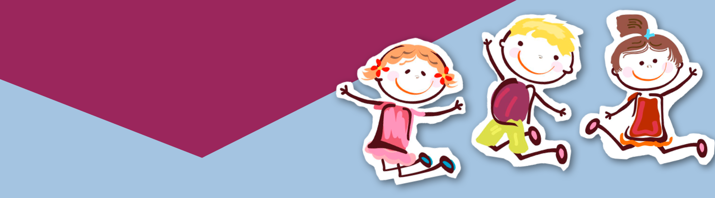 Bunte Illustration von drei fröhlich springenden Kindern auf hellblauem Hintergrund. Links ist eine große violette Farbfläche zu sehen, die Platz für Text oder Gestaltung lässt.