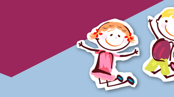 Bunte Illustration von drei fröhlich springenden Kindern auf hellblauem Hintergrund. Links ist eine große violette Farbfläche zu sehen, die Platz für Text oder Gestaltung lässt.