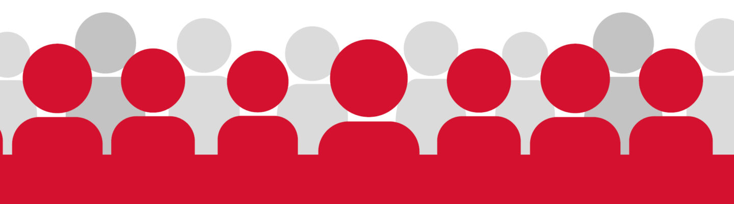 Abstrakte Grafik mit stilisierten Personen-Symbolen in Rot und Grau, die in mehreren Reihen angeordnet sind. Die roten Figuren im Vordergrund heben sich von den grauen im Hintergrund ab und symbolisieren Beteiligung, Öffentlichkeit oder Zielgruppen.